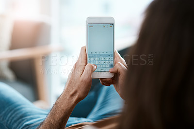 Buy stock photo Phone screen, hands and person in house for communication, networking or connectivity online. Technology, relax and closeup of cellphone for typing text for contact in living room at apartment.