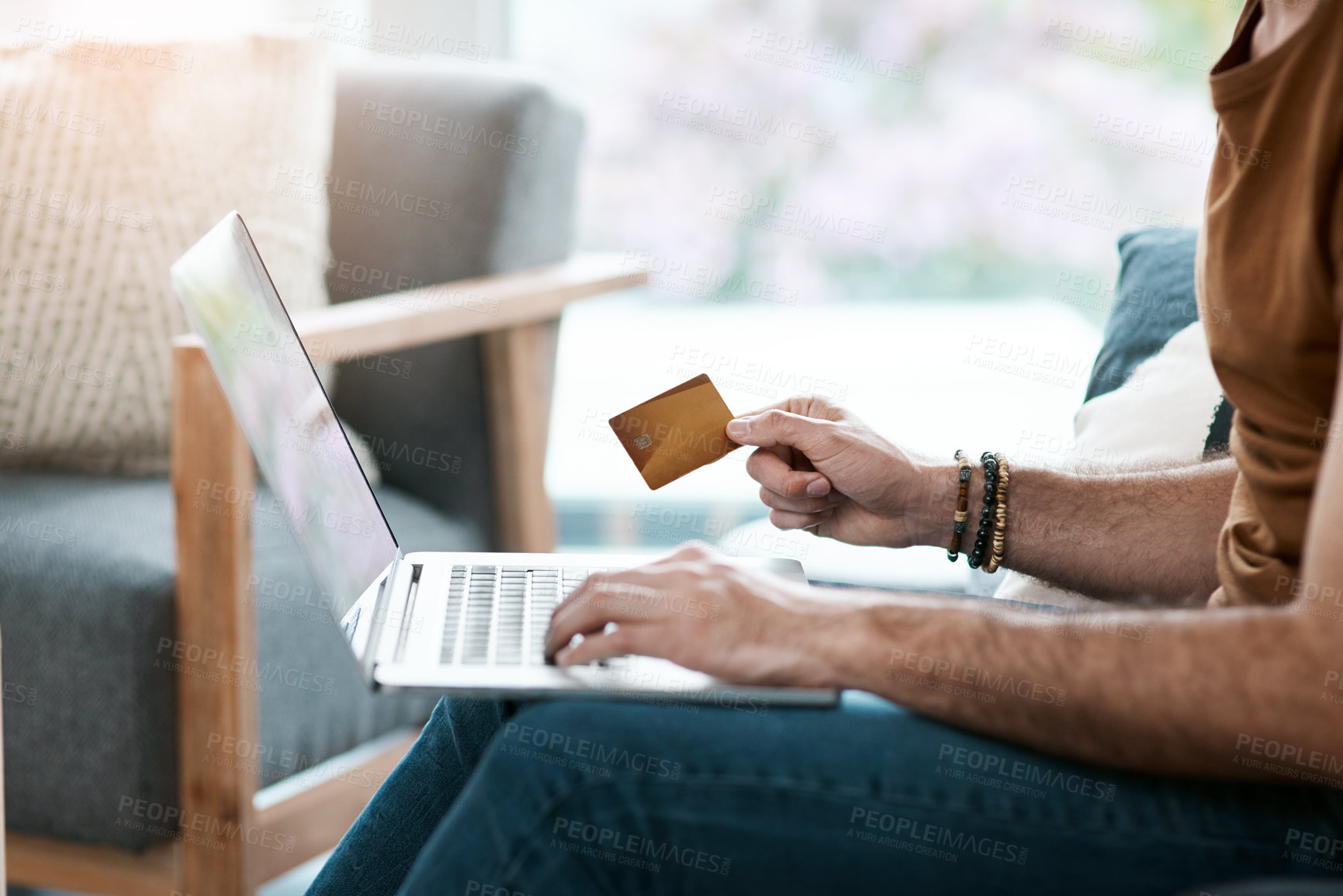 Buy stock photo Hands, house and man with credit card, laptop and payment for ecommerce, banking and internet. Closeup, person and guy with computer, transactions and online shopping with purchase and connection