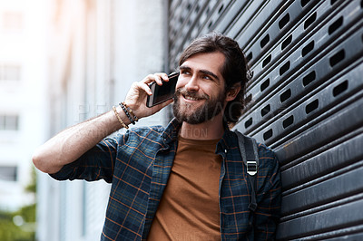 Buy stock photo Man, city and phone call on journey for conversation, employee commute and talking to client. Male person, professional networking and street for discussion on deal, town and travel to internship