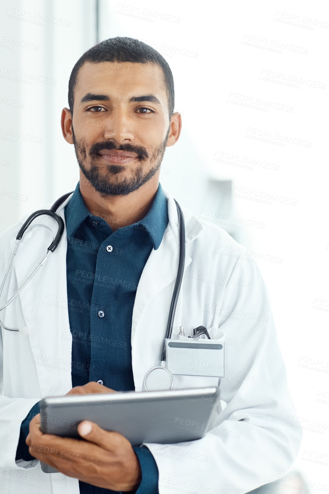 Buy stock photo Clinic, doctor and portrait of man with tablet or happy for test updates and emergency response. Medical, online and medication administration, hospital digital documentation and treatment planning.