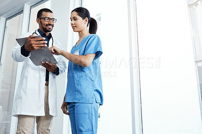 Buy stock photo Cardiology, medical or tablet with doctor and nurse in hospital for collaboration, diagnosis or discussion. Healthcare, consulting or smile with happy medicine professional man and woman in clinic