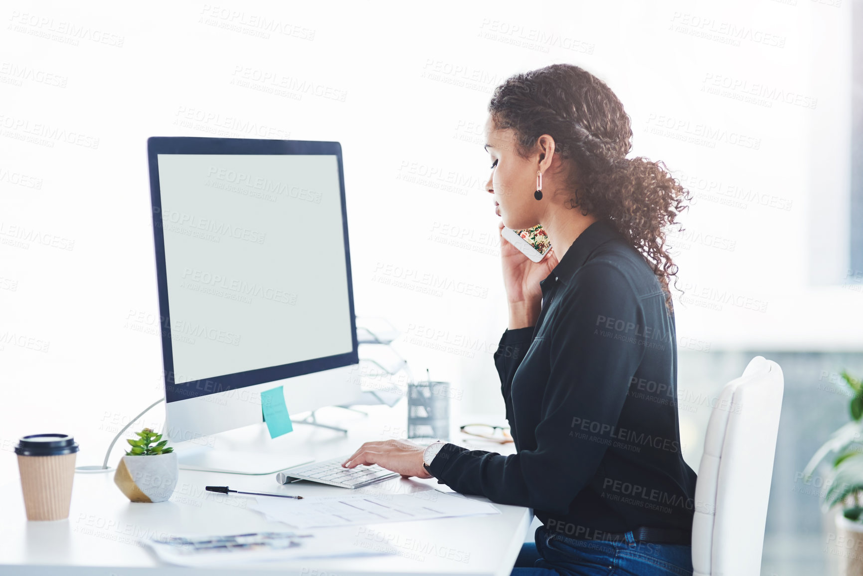 Buy stock photo Businesswoman, phone call and computer screen in office as corporate assistant for schedule, booking or website. Female person, typing and mockup space for networking feedback, negotiation or email