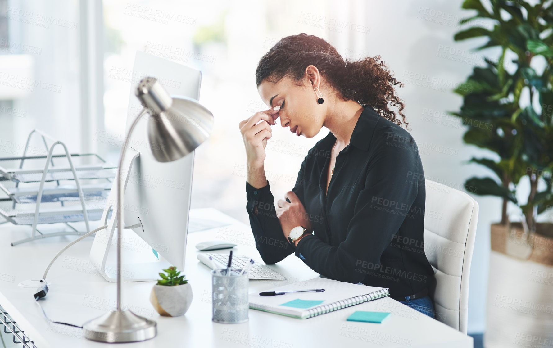 Buy stock photo Businesswoman, computer and headache pain or tired stress for burnout, overwhelmed or migraine. Female person, assistant and mental health tension or deadline brain fog or pressure, anxiety or crisis