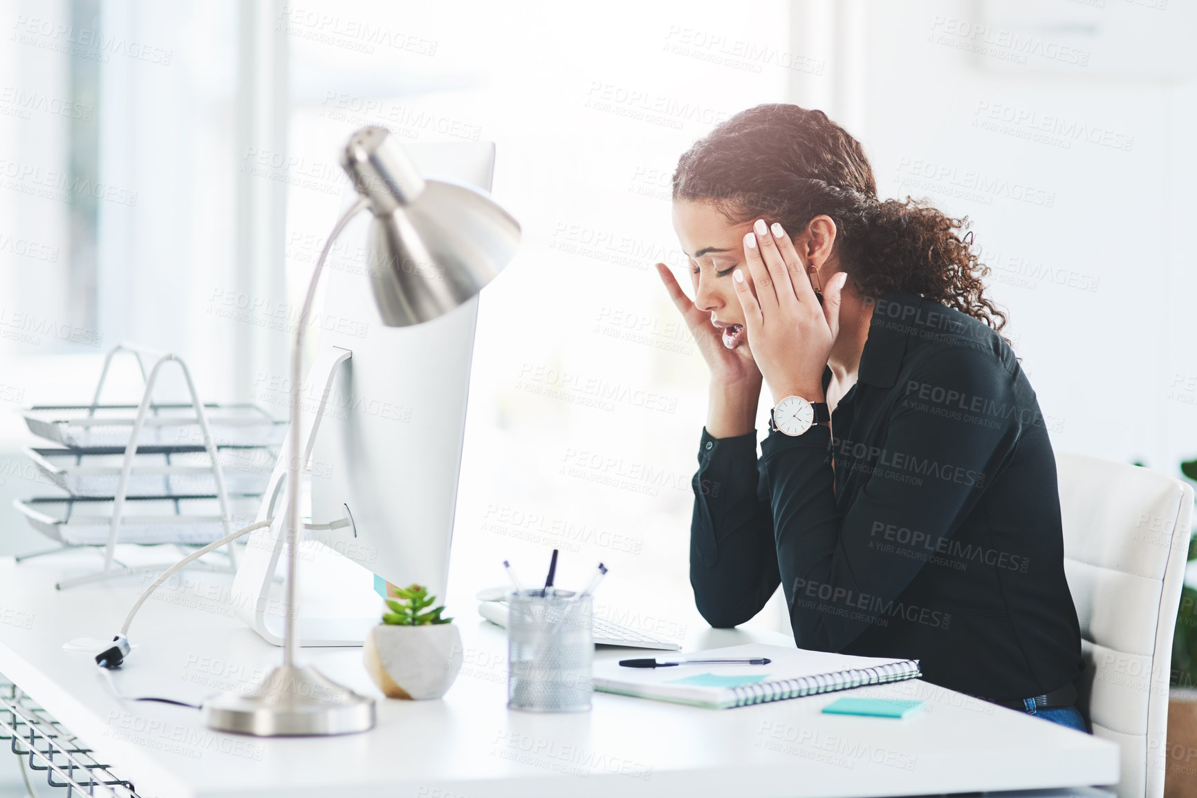 Buy stock photo Businesswoman, computer and headache pain with anxiety for burnout, overwhelmed or migraine. Female person, assistant and mental health tension or deadline brain fog with pressure, stress or tired