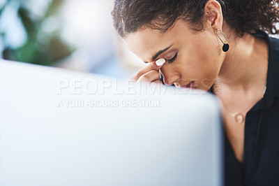 Buy stock photo Businesswoman, computer and hand for headache pain or burnout stress for tired, mental health or brain fog. Female person, migraine and overworked anxiety or overwhelmed fatigue, tension or pressure