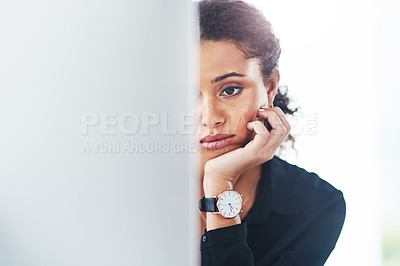 Buy stock photo Woman, employee and tired on computer in office for internet  or online error with research for ideas. Female person, pc and stress or sad with burnout from deadline, project or task as copy writer