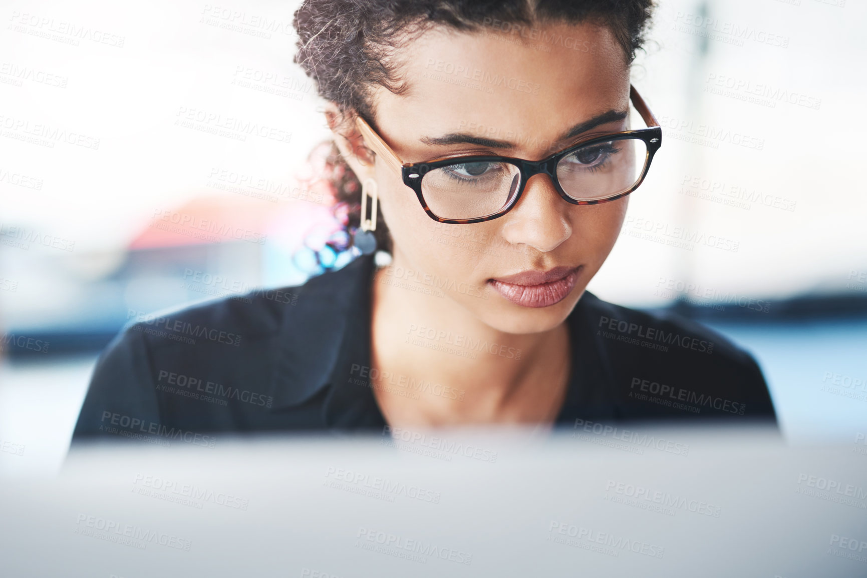 Buy stock photo Businesswoman, computer and read with glasses and face, close up and online work for seo specialist. Technology, prescription lens and internet for creative person, writer and editor for website