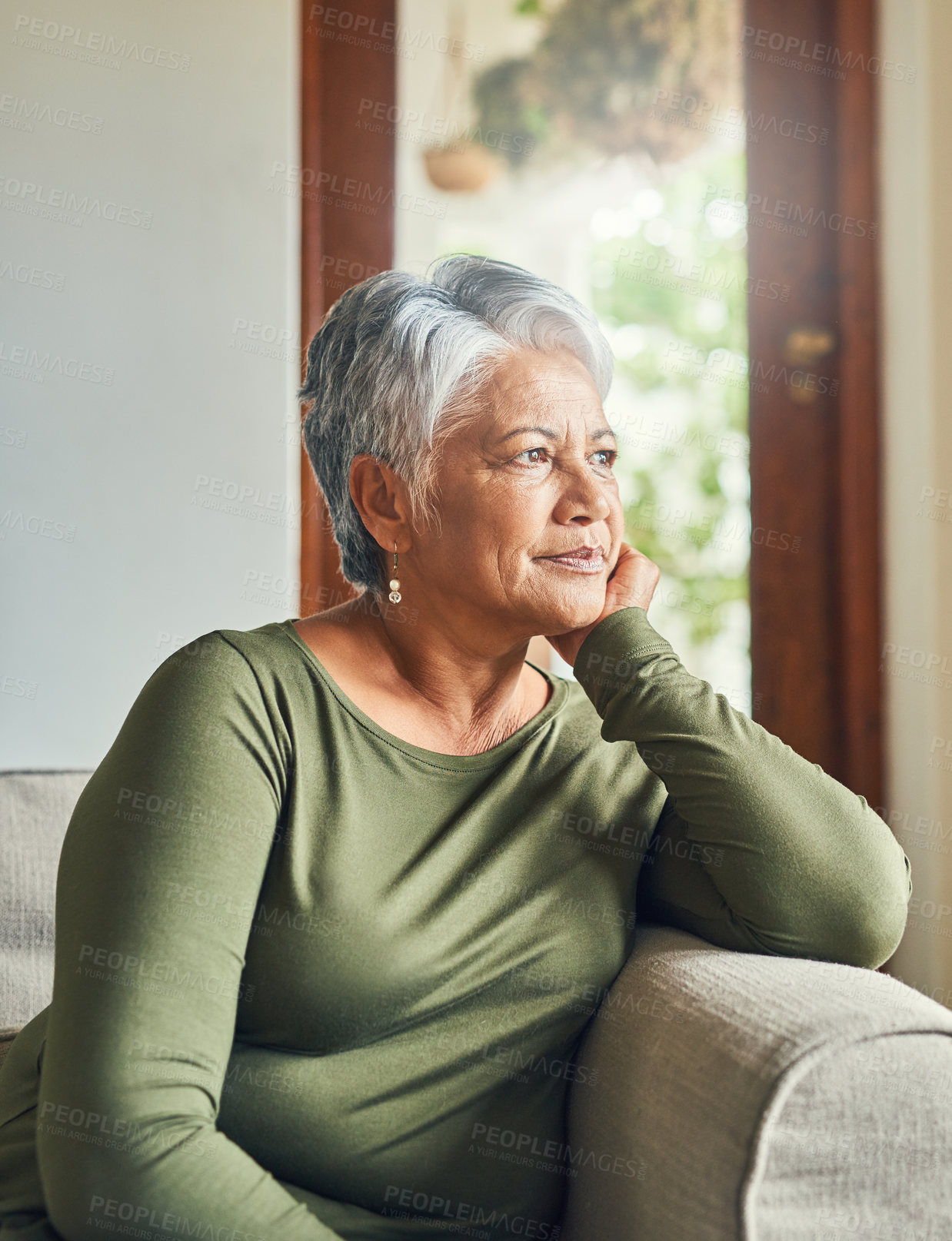 Buy stock photo Thinking, relax and senior woman in home to remember past memory, planning or reflection of decision. Alzheimer, retirement or elderly person on sofa with dementia, nostalgia or vision in living room