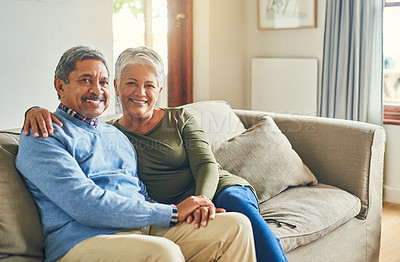 Buy stock photo Smile, portrait or senior couple on couch for hug, wellness or proud for financial stability. Senior woman, happy man and love in living room for commitment, comfort and milestone in marriage at home