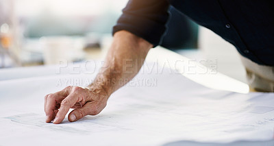 Buy stock photo Planning, architecture and blueprint with hand of businessman for designer, engineering and building. Project management, vision and idea with employee for construction, development and innovation