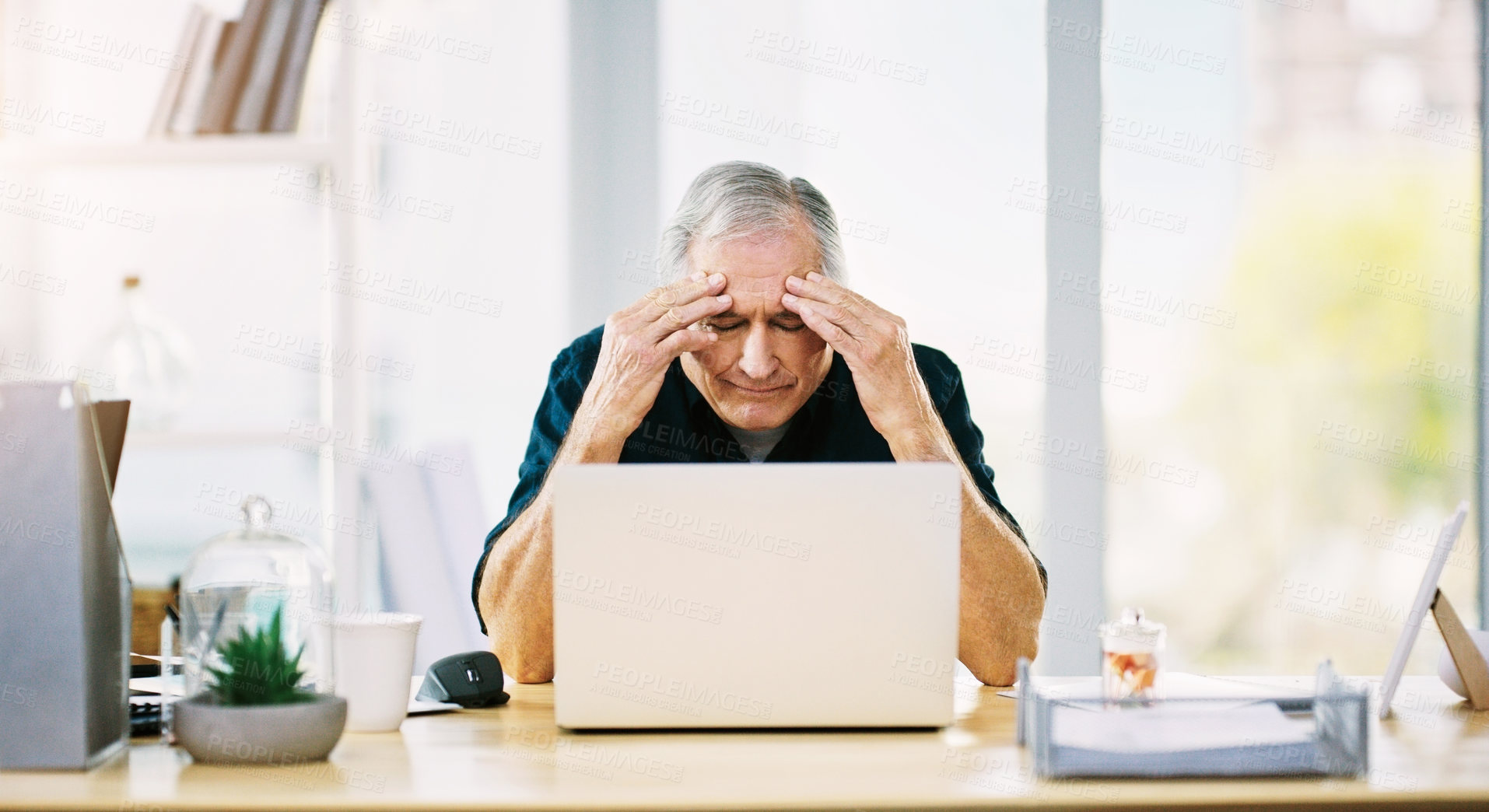 Buy stock photo Mature business, man and stress with laptop and headache while reading online email communication feeling burnout for deadline. Businessman, ceo and mistake with leader and pc for head ache and pain