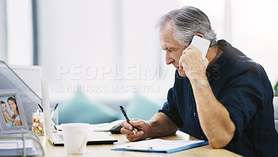 Buy stock photo Senior businessman, phone call and writing in notebook, planning notes or online insurance consultation. Elderly person, smartphone and g5 internet communication for finance budget plan or mortgage 