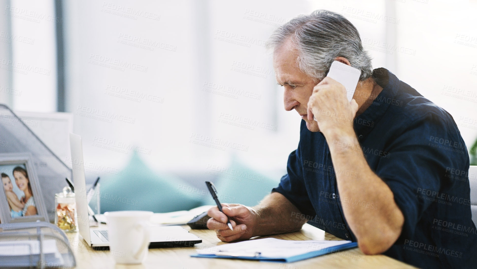 Buy stock photo Senior businessman, phone call and writing in notebook, planning notes or online insurance consultation. Elderly person, smartphone and g5 internet communication for finance budget plan or mortgage 