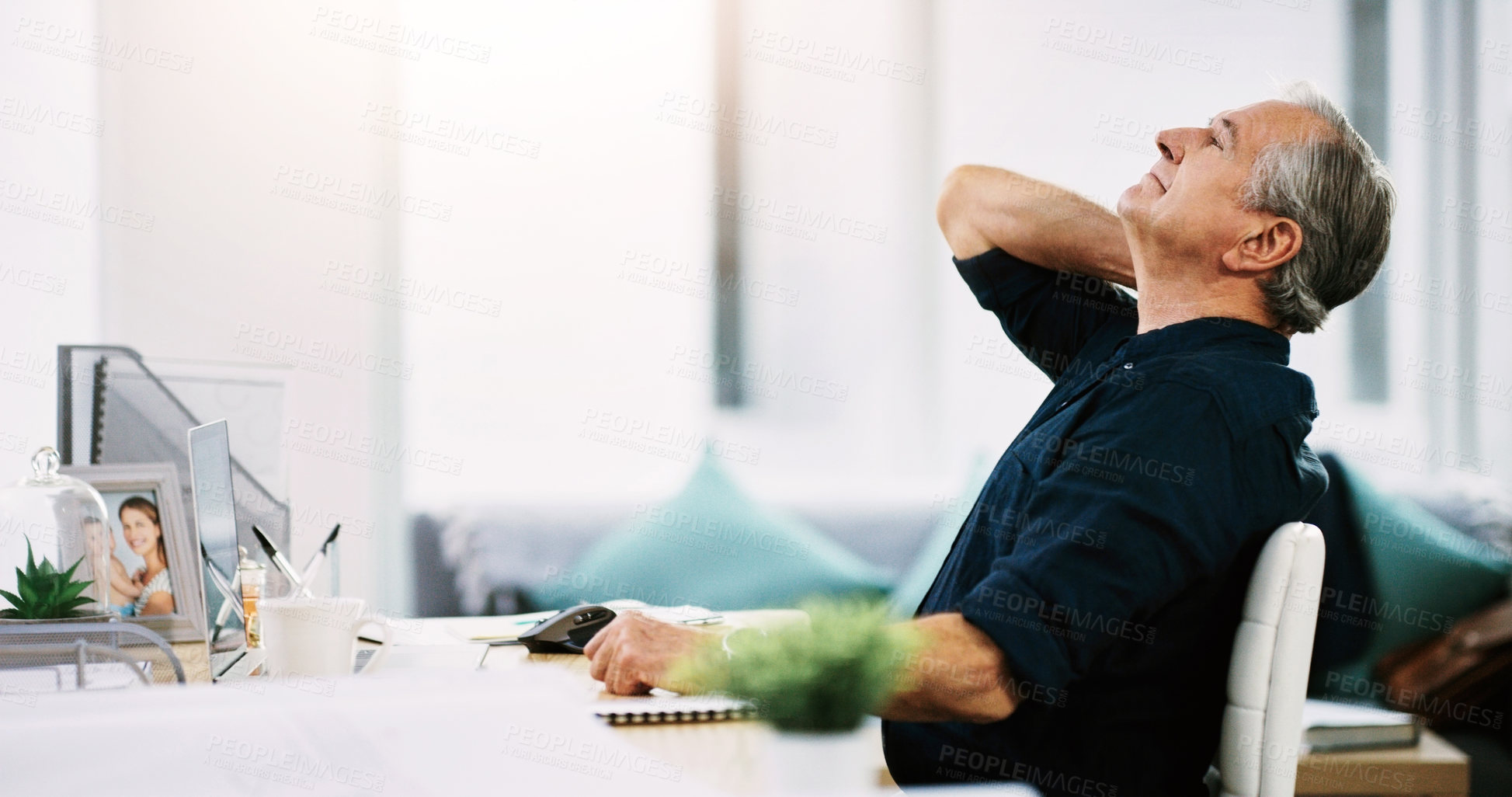 Buy stock photo Neck pain, posture and burnout with a business man suffering injury while working at a desk in his home office. Stress, mental health and anatomy with a mature male doing remote work with a sore neck