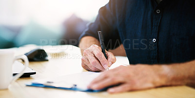 Buy stock photo Notes, planning and hands of businessman writing on paper, documents and form in house. Administration, paperwork and remote employee working and giving signature on a contract for entrepreneur work