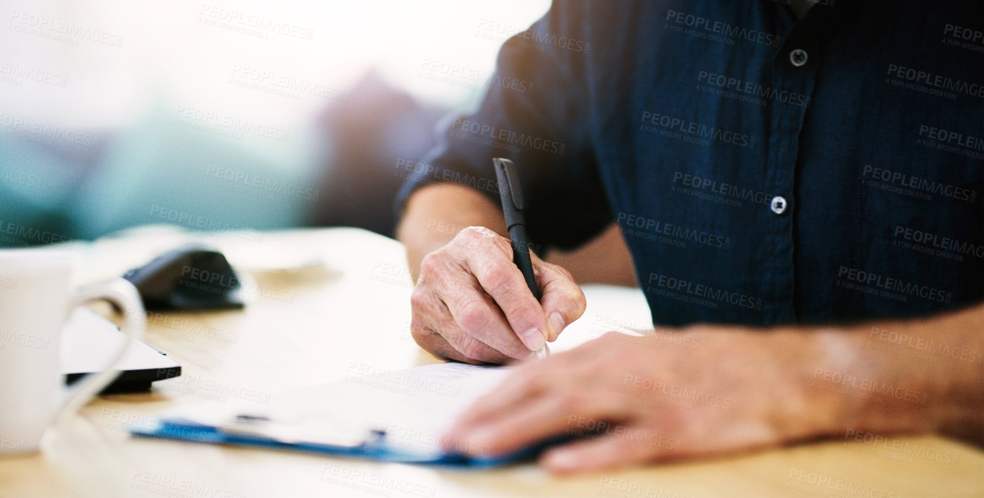 Buy stock photo Notes, planning and hands of businessman writing on paper, documents and form in house. Administration, paperwork and remote employee working and giving signature on a contract for entrepreneur work