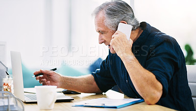 Buy stock photo Phone call, stress and mature man with laptop and budget report, problem or glitch in fintech ux. Home finance, crm and online payment planning, man in retirement on phone with advisory helpline.