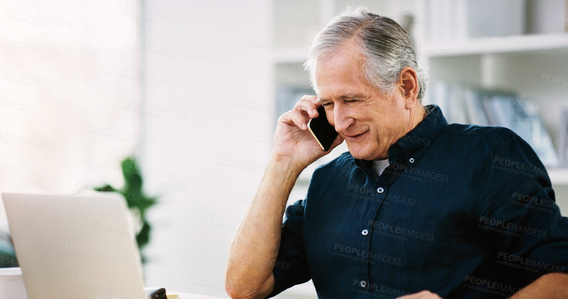 Buy stock photo Mature business, man and communication on cellphone with a freelance ceo working on laptop and reading email at home. 5G phone call and leading senior businesman on negotiation networking call