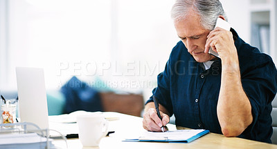 Buy stock photo Phone call, documents and senior businessman planning, networking and communication about administration. Strategy, contact and elderly remote employee writing notes while on the phone in a house