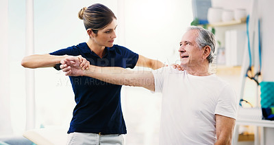 Buy stock photo Physiotherapy, consultant and exercise with a woman physio and senior man patient in a clinic for rehabilitation. Fitness, healthcare and wellness with a mature male in session with a physiotherapist