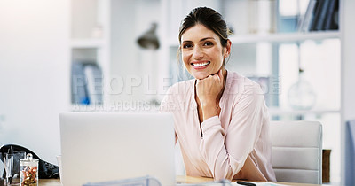 Buy stock photo Laptop, office worker and business woman in portrait for career mission, Human Resources and administration management leadership. Corporate professional hr manager working on technology for about us