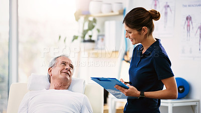Buy stock photo Hospital, physical therapy and old man and nurse with clipboard for checkup, examination and consultation. Healthcare, wellness and female medical worker with senior male patient in clinic bed