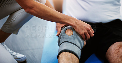 Buy stock photo Physiotherapist hands, knee brace and man with injury, pain and torn muscle. Physiotherapy, male patient and female medical professional help, consulting and rehabilitation for leg and healthcare.