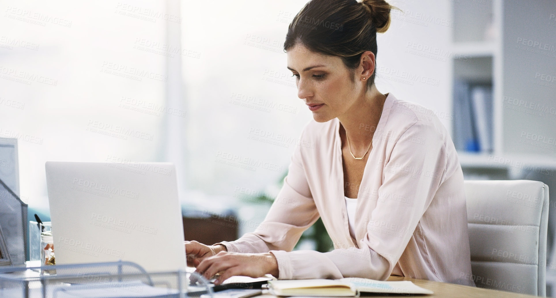 Buy stock photo Email, communication and business woman with a laptop for networking, planning and working in administration. Corporate, internet and employee typing on a computer as a receptionist or secretary
