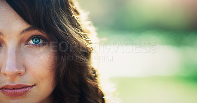 Buy stock photo Cropped portrait of an attractive young woman feeling confident in a public park