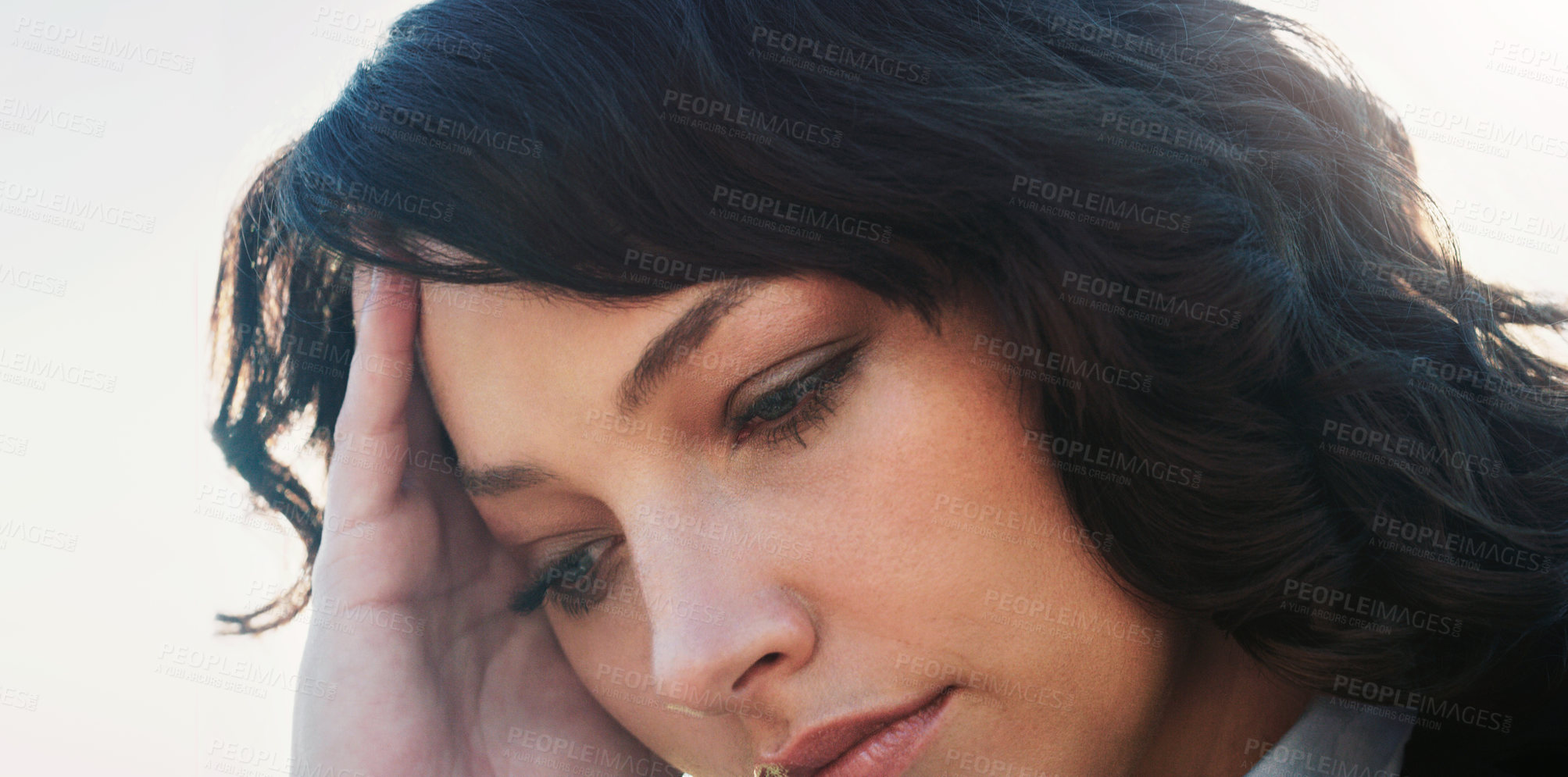 Buy stock photo Business, thinking and sad woman with depression and anxiety with kpi review mistake and mental health. Person, employee and professional with stress, emotion or fail with debt and negative feedback