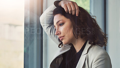 Buy stock photo Business, window and sad woman with burnout or stress with kpi review mistake or depression. Person, employee or professional with mental health, emotion or fail with debt, worry or negative feedback