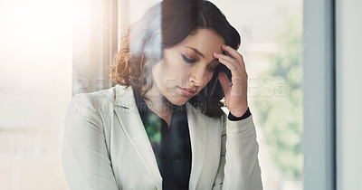 Buy stock photo Business, window and sad woman with depression, burnout and negative feedback with kpi review mistake, tired or emotion. Person, consultant or professional with stress or fail with debt or bankruptcy