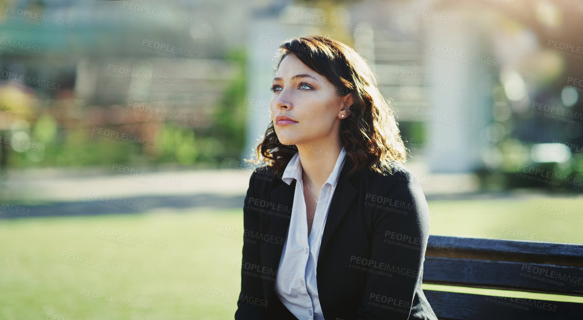 Buy stock photo Business woman outdoor, depression and mental health, thinking or reflection with professional crisis or life fail. Mistake, anxiety and corporate risk with worry or grief, mindfulness and psychology