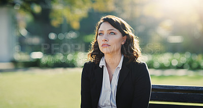 Buy stock photo Business woman outdoor, depressed and mental health, thinking or reflection with professional crisis or life fail. Mistake, anxiety and corporate risk with worry or grief, mindfulness and psychology
