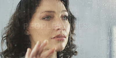 Buy stock photo Woman, face and window, depression and mental health, thinking or reflection with crisis or life fail. Mistake, anxiety and worry or grief with rain, mindfulness and psychology for distress or trauma