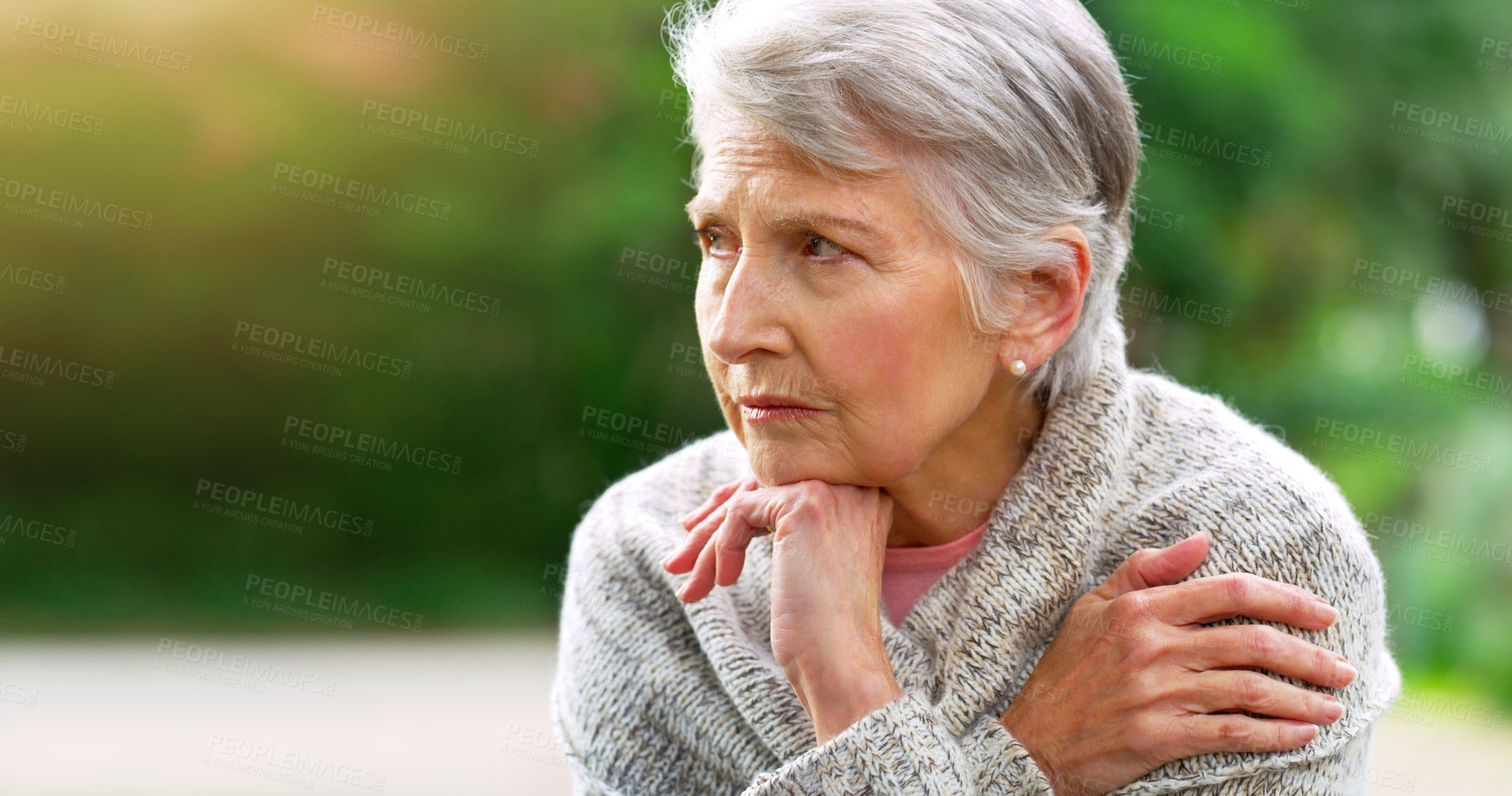 Buy stock photo Senior woman, thinking and peace in park for retirement, pension and grandma in nursing home for old age. Female person, dementia and memory loss in nature for mental health, depressed or Alzheimer  