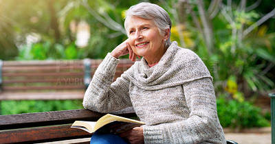 Buy stock photo Thinking, nature and senior woman with book for literature in outdoor park, field or environment. Memory, reflection and elderly female person on bench read novel or story in retirement home garden.