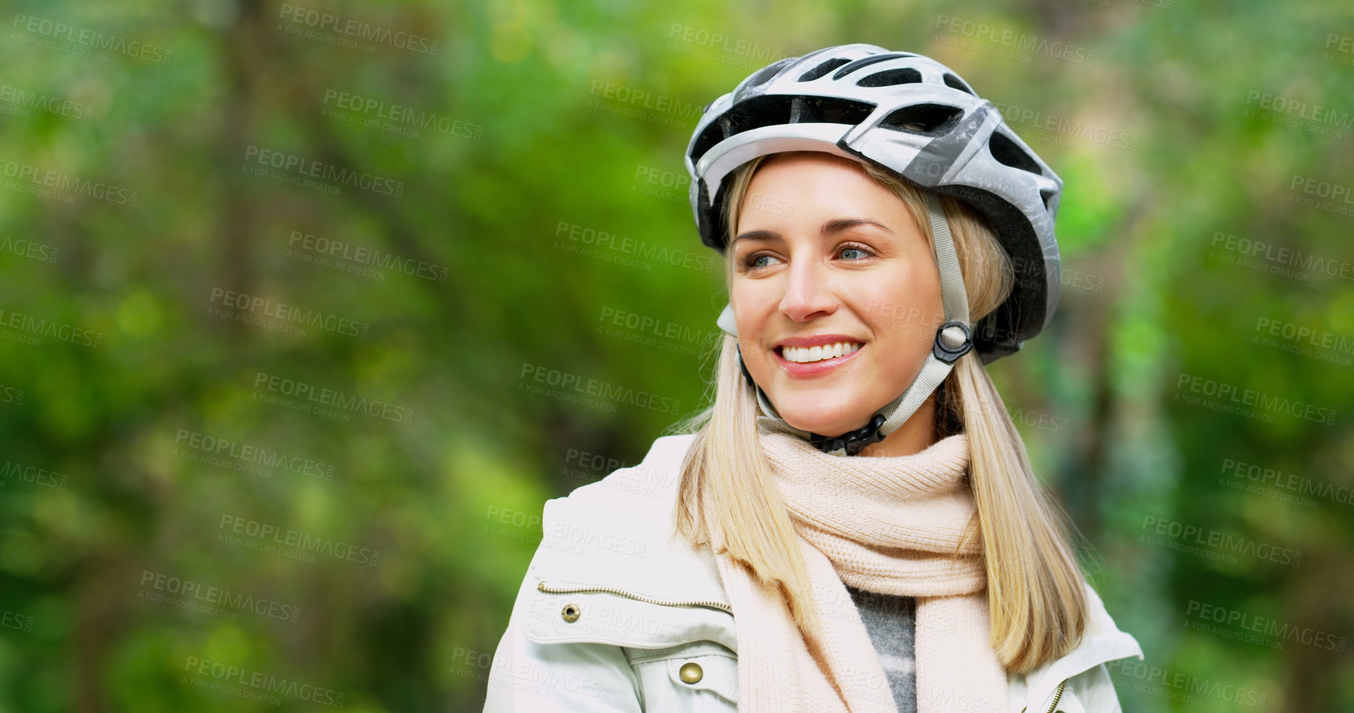Buy stock photo Woman, helmet and smile for park cycling with safety protection with exploring, travel or nature. Female person,  exercise and vacation in New York or eco friendly transport, carbon neutral or health