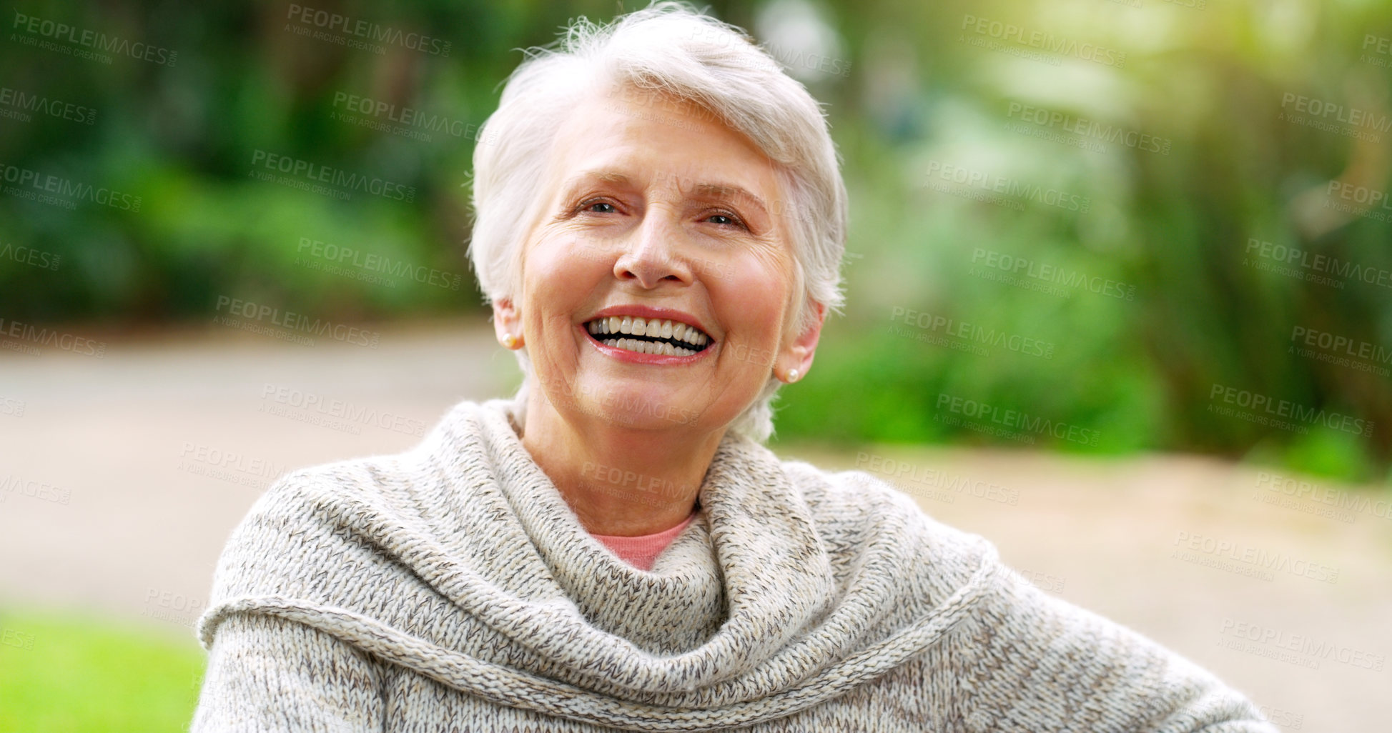 Buy stock photo Park, smile and portrait of elderly woman in nature for retirement, sunshine and environment. Senior person, relax and happy in garden with wellness for mental health, wellbeing and carefree
