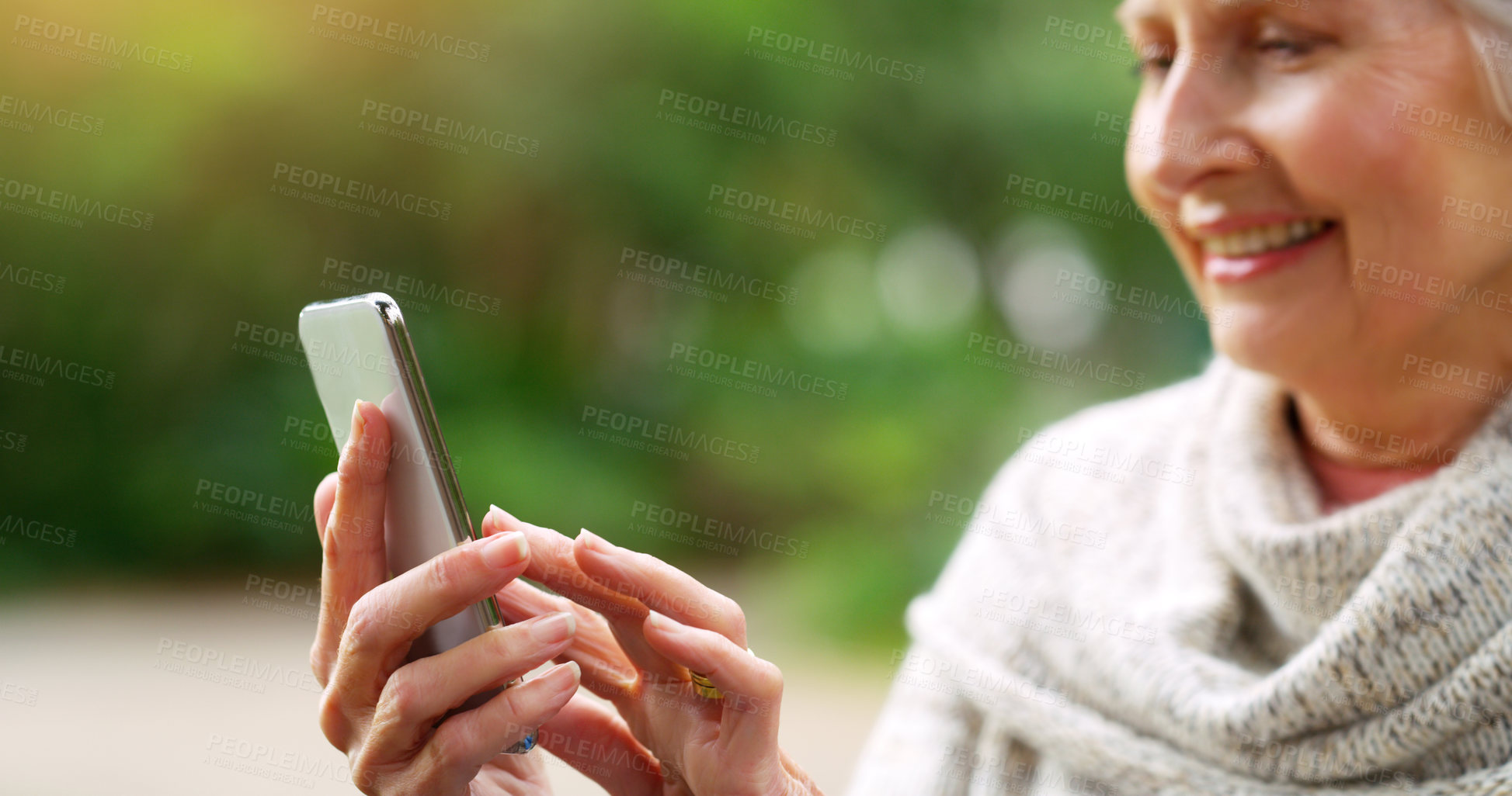 Buy stock photo Park, happy and senior woman with smartphone, typing and online communication with technology in nature. Texting, social median for virtual networking, browsing and reading or respond or notification