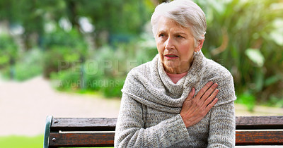 Buy stock photo Senior woman, heart attack and ache in park, pneumonia and cardiac risk or hypertension in nature. Female person, heartburn and stress on lungs or bench, stroke and danger of healthcare or disease