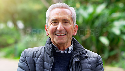 Buy stock photo Portrait, smile and senior man in garden or park for leisure, outdoor recreation and retirement. Face, flare and green with happy elderly person in nature to relax for summer wellbeing or wellness