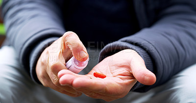 Buy stock photo Hands, man and pill box for drugs in outdoors, disease and aspirin for pain or capsule for health. Container, palm and vitamin or antibiotics for treatment, medicine and prescription tablets for dose