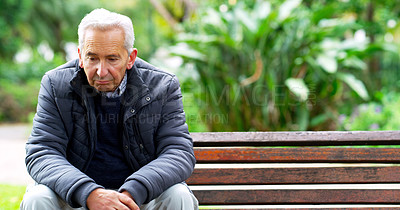 Buy stock photo Bench, sad and thinking with senior man, depression and retirement with memory and emotions. Pensioner in park, old person and mature guy with burnout, loss or anxiety with stress and fail with grief