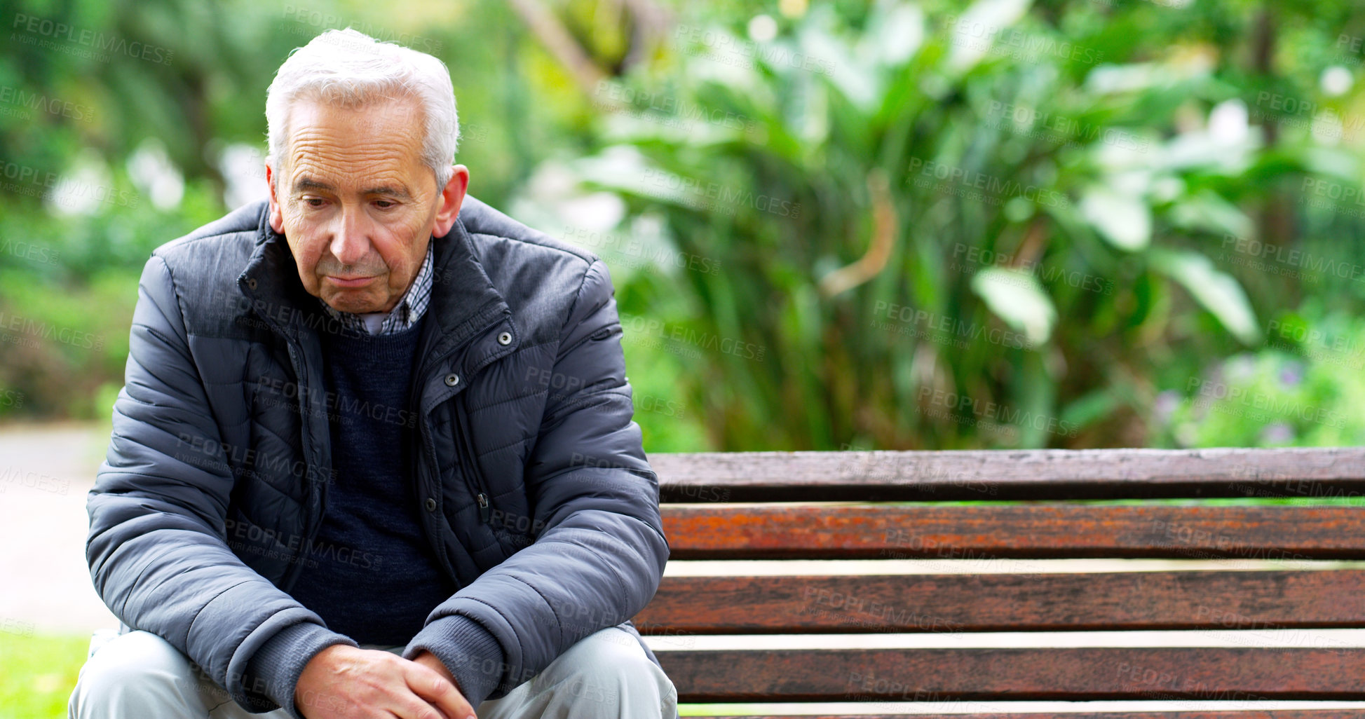 Buy stock photo Bench, sad and thinking with senior man, depression and retirement with memory and emotions. Pensioner in park, old person and mature guy with burnout, loss or anxiety with stress and fail with grief