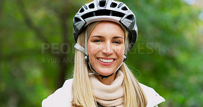 Buy stock photo Woman, helmet and smile for park cycling or safety protection with exploring, travel or nature. Female person,  exercise and vacation in New York or eco friendly transport, carbon neutral or commute