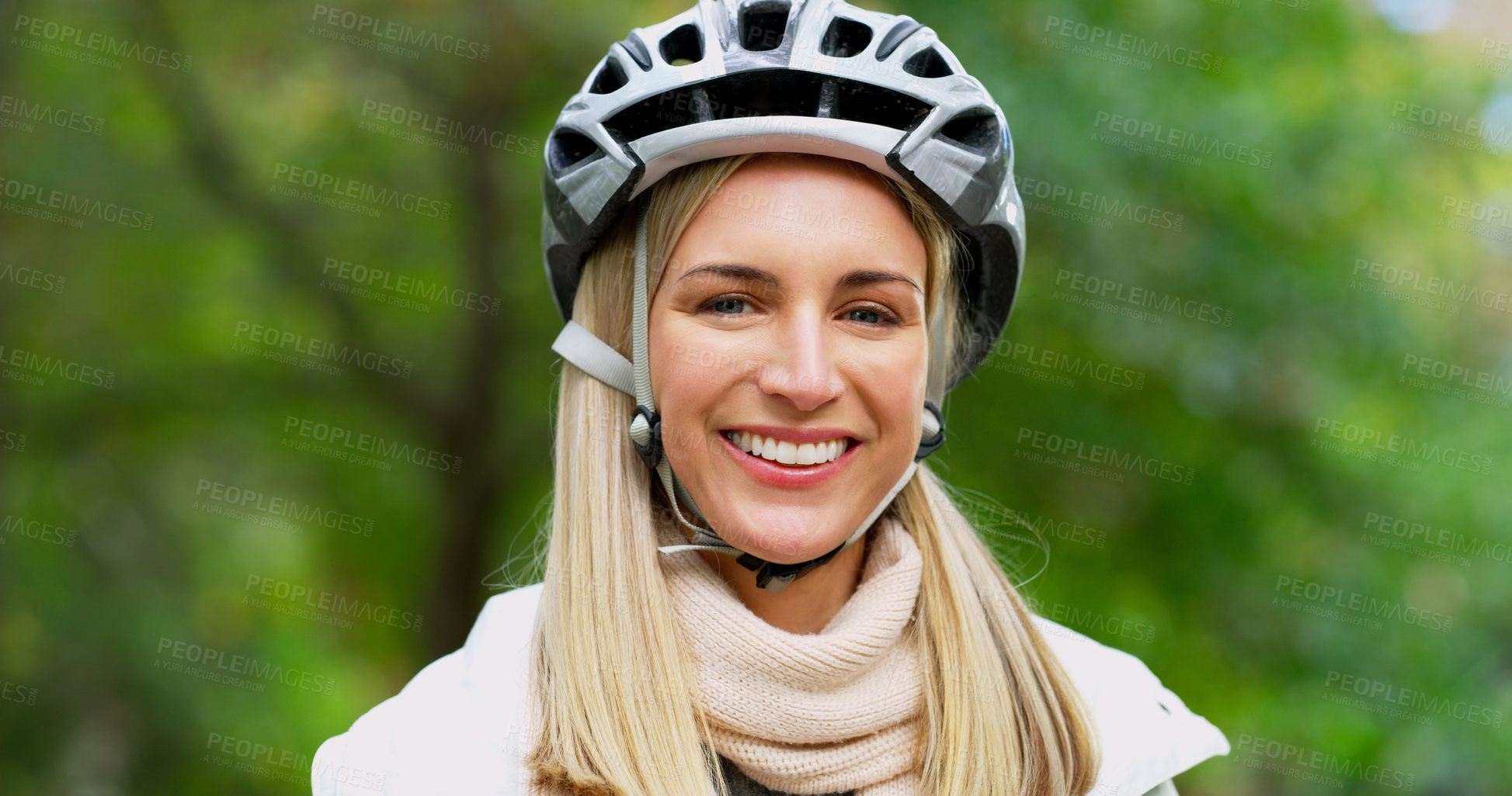 Buy stock photo Woman, helmet and smile for park cycling or safety protection with exploring, travel or nature. Female person,  exercise and vacation in New York or eco friendly transport, carbon neutral or commute
