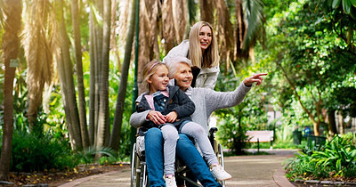 Buy stock photo Elderly woman, wheelchair and child with lady in nature for retirement, trip or travel outdoor for adventure. Family, smile and happy or explore in park with tree for senior care, relax or vacation  