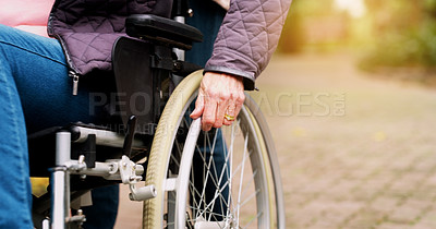 Buy stock photo Park, wheelchair and hand of person with a disability for retirement, support and healthcare. Nature, path and elderly man with mobility aid for travel, morning adventure and assistance in garden