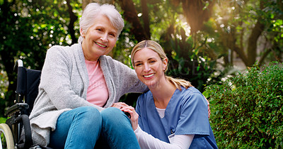 Buy stock photo Elderly woman, wheelchair and nurse in nature for senior care or travel outdoor for adventure. Pensioner with disability and portrait with healthcare professional and happy in park  for relax    